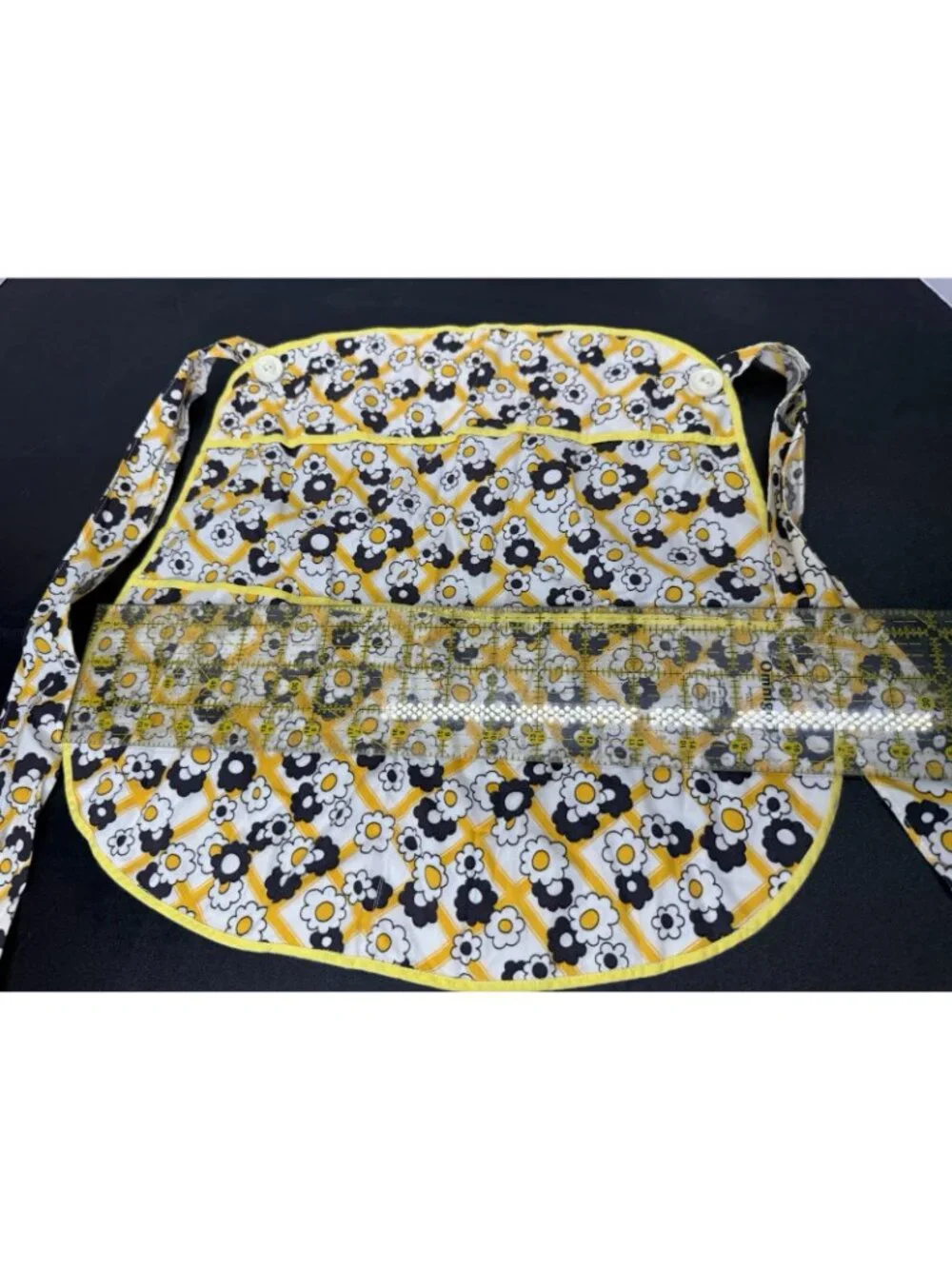 Vintage Handmade Half Apron With Pockets Yellow Black Mod Flowers Print Retro